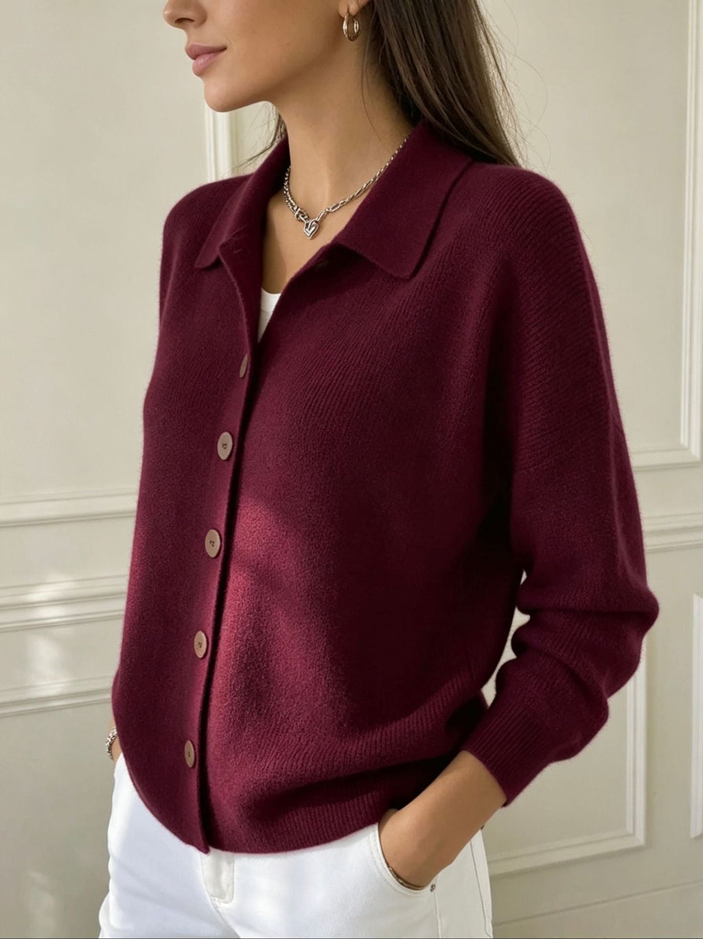 Goldie | Womens Polo Collar Button Front Knit Cardigan Sweater Jacket, Burgundy