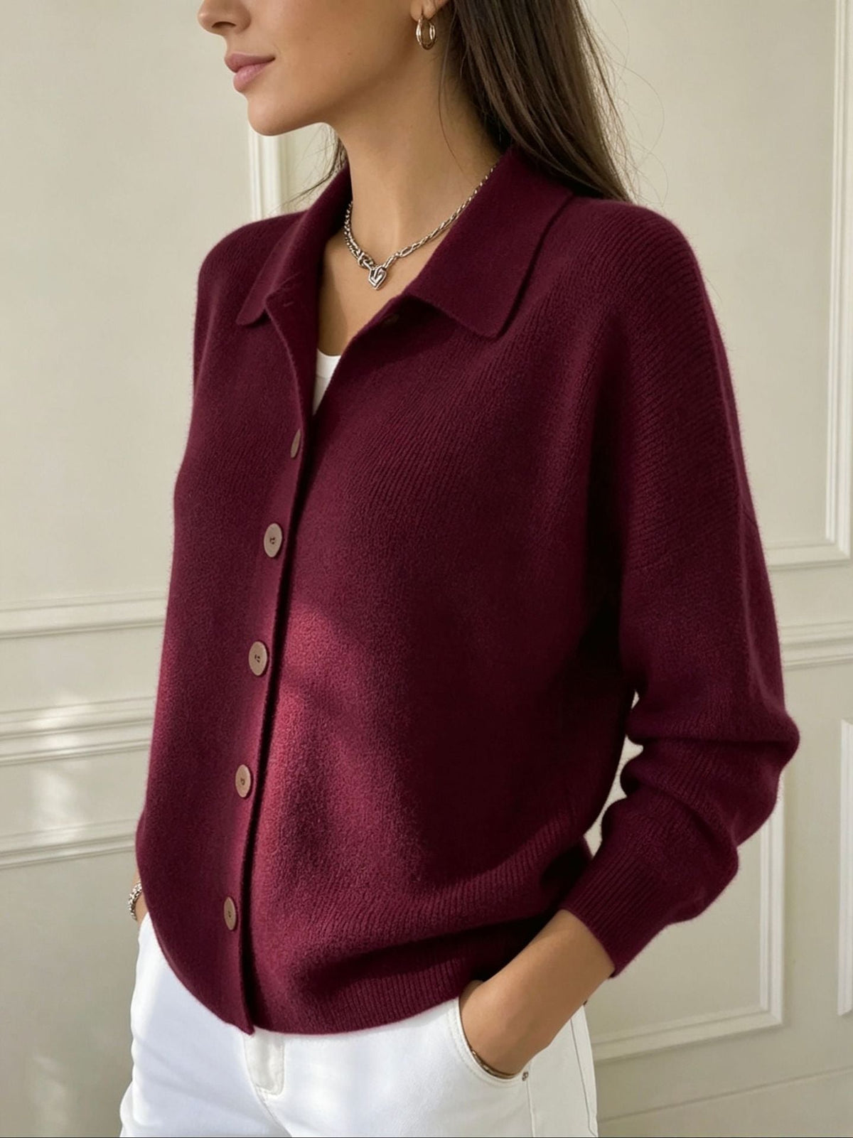 Goldie | Womens Polo Collar Button Front Knit Cardigan Sweater Jacket, Burgundy
