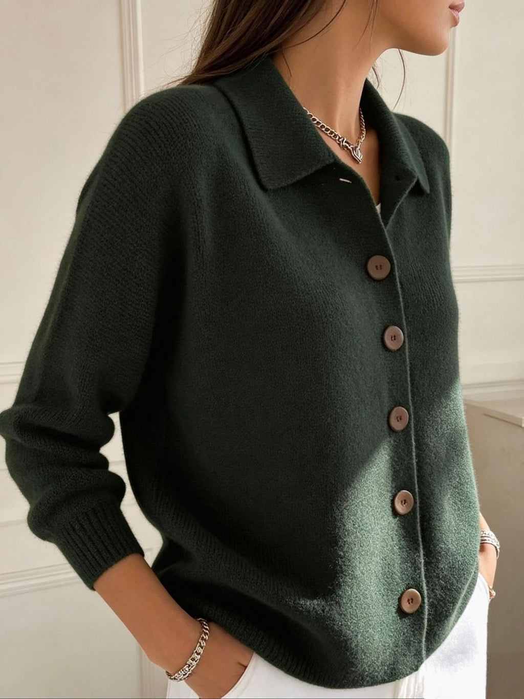 Goldie | Womens Polo Collar Button Front Knit Cardigan Sweater Jacket, Army Green