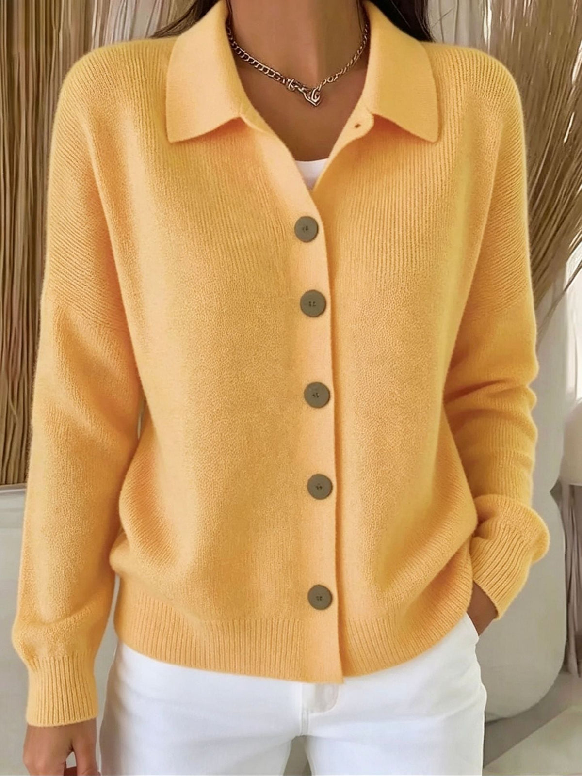 Goldie | Womens Polo Collar Button Front Knit Cardigan Sweater Jacket, Yellow