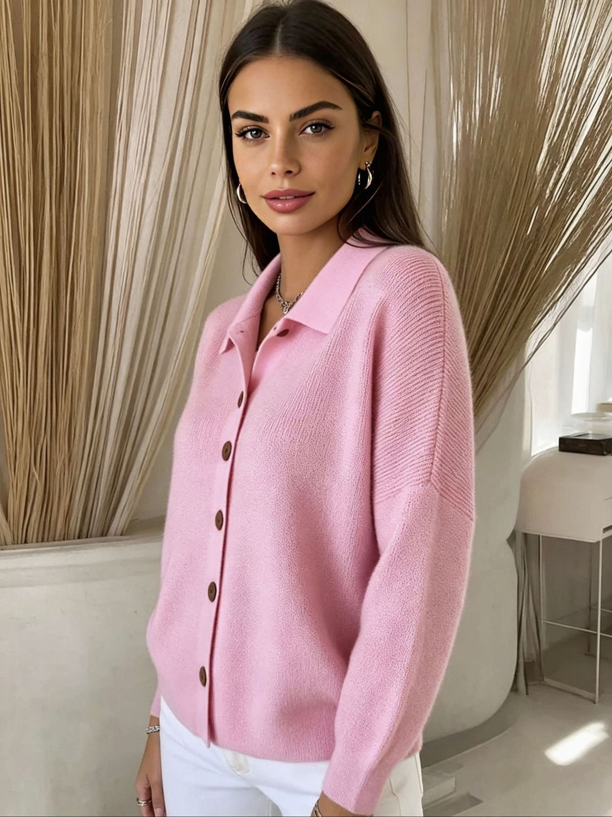Goldie | Womens Polo Collar Button Front Knit Cardigan Sweater Jacket, Pink
