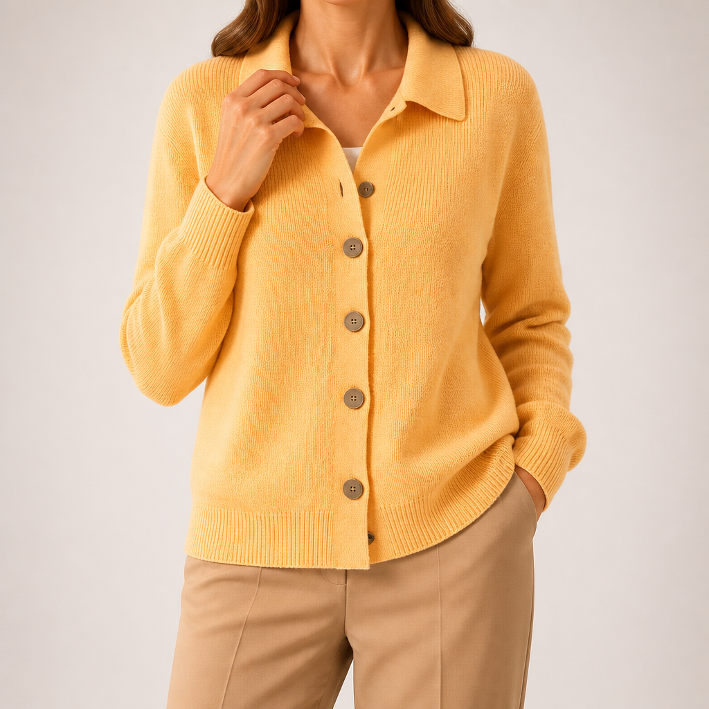 Goldie | Womens Polo Collar Button Front Knit Cardigan Sweater Jacket, Yellow