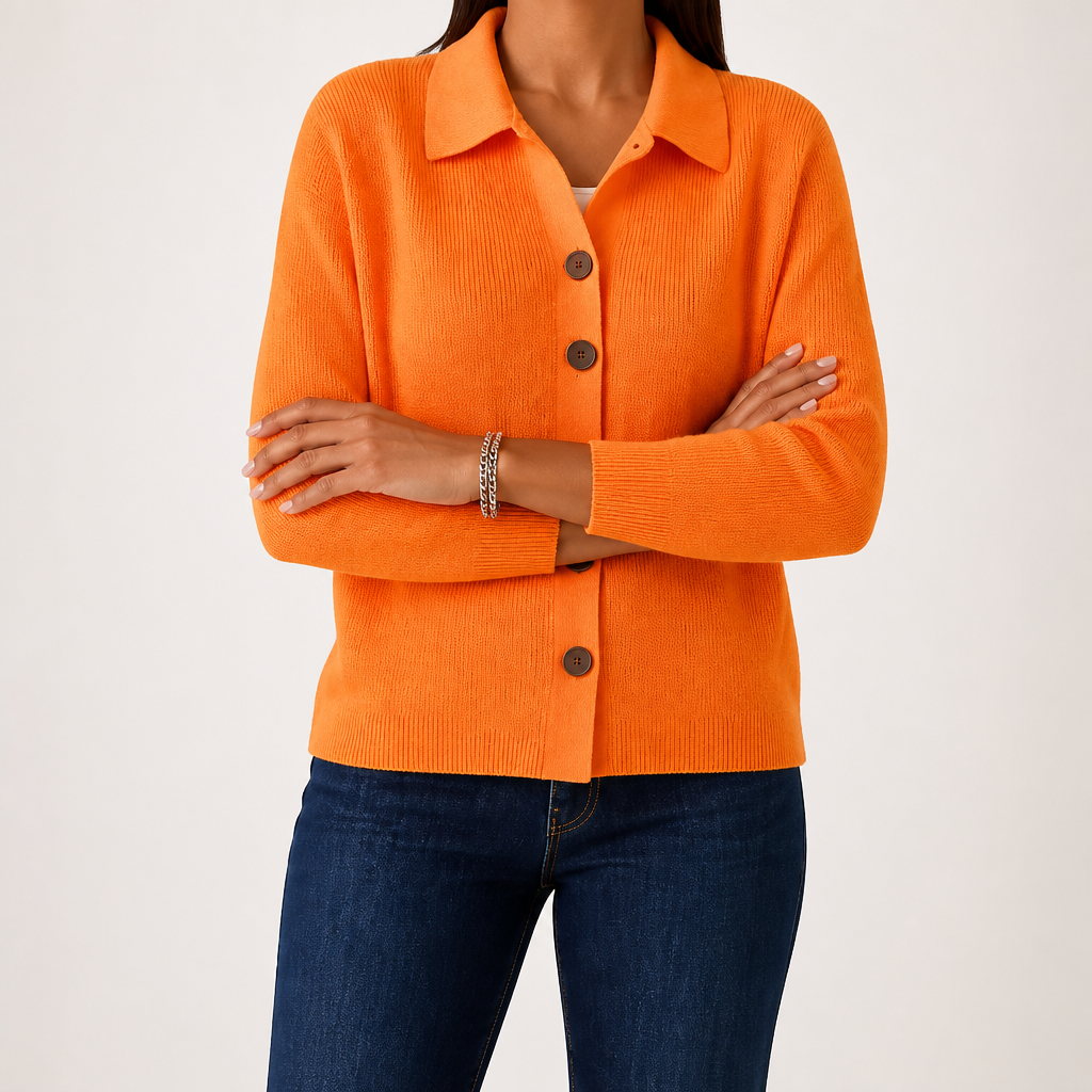 Goldie | Womens Polo Collar Button Front Knit Cardigan Sweater Jacket, Orange
