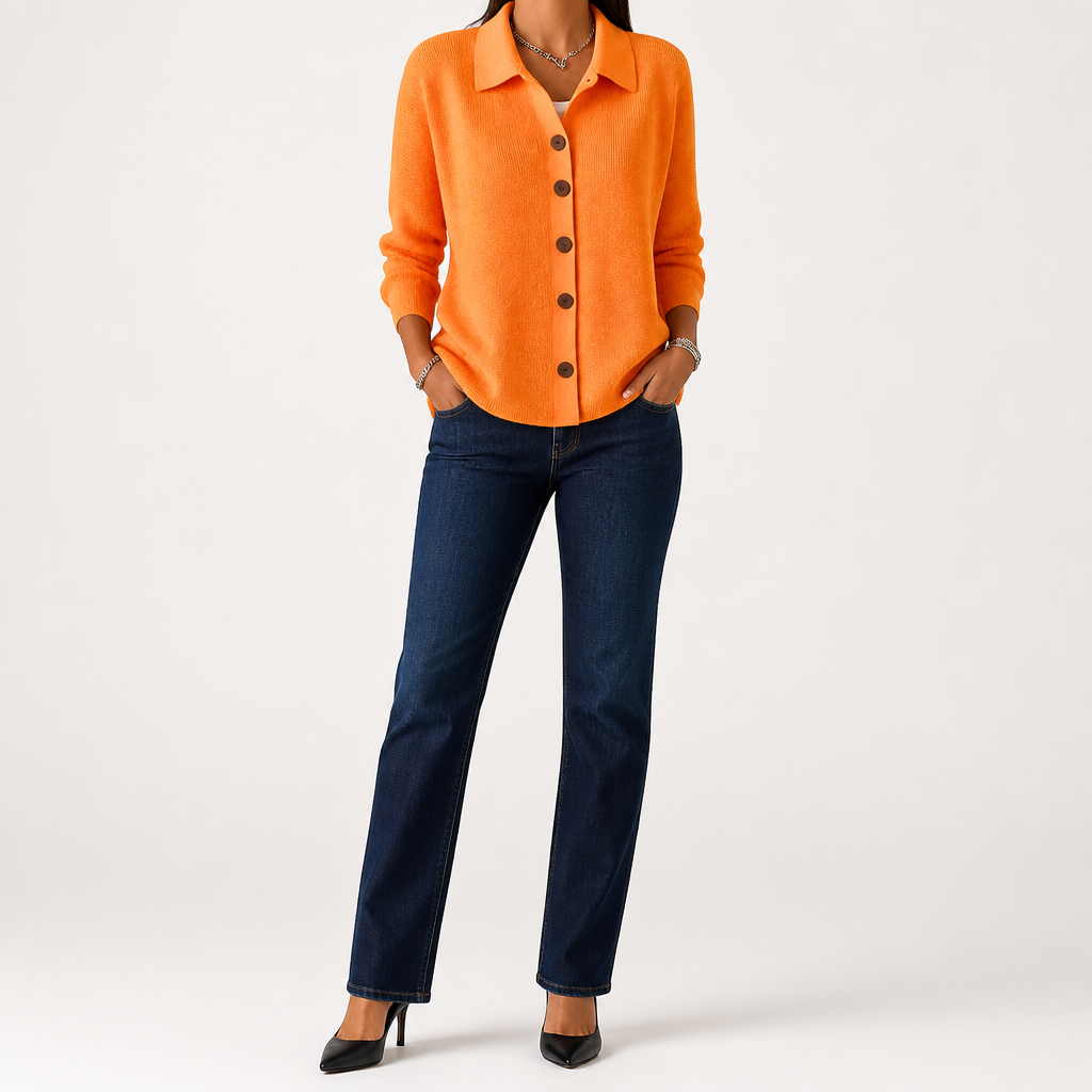 Goldie | Womens Polo Collar Button Front Knit Cardigan Sweater Jacket, Orange