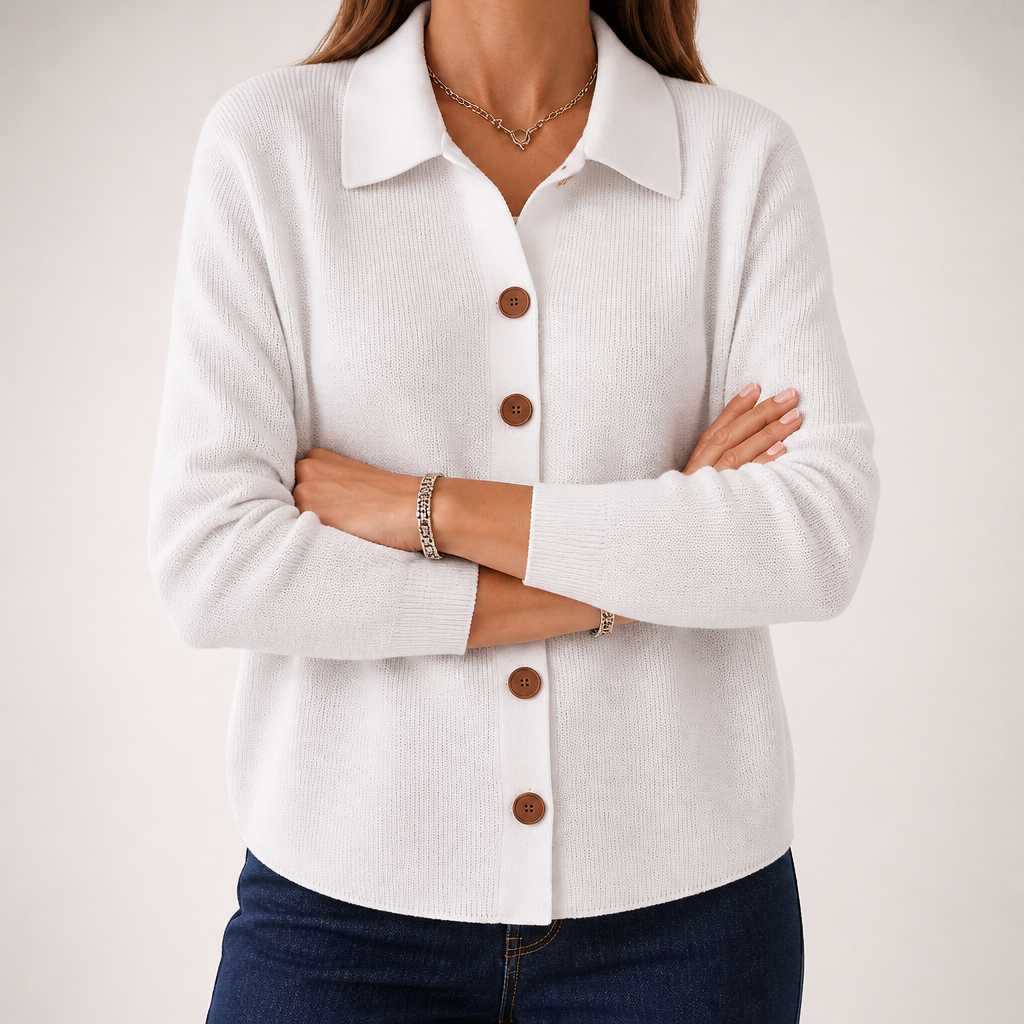 Goldie | Womens Polo Collar Button Front Knit Cardigan Sweater Jacket, White
