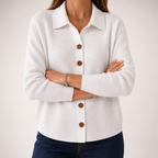 Goldie | Womens Polo Collar Button Front Knit Cardigan Sweater Jacket, White