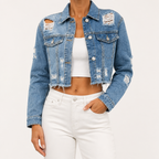 Gracelyn | Womens Distressed Cropped Denim Jacket, Sky Blue