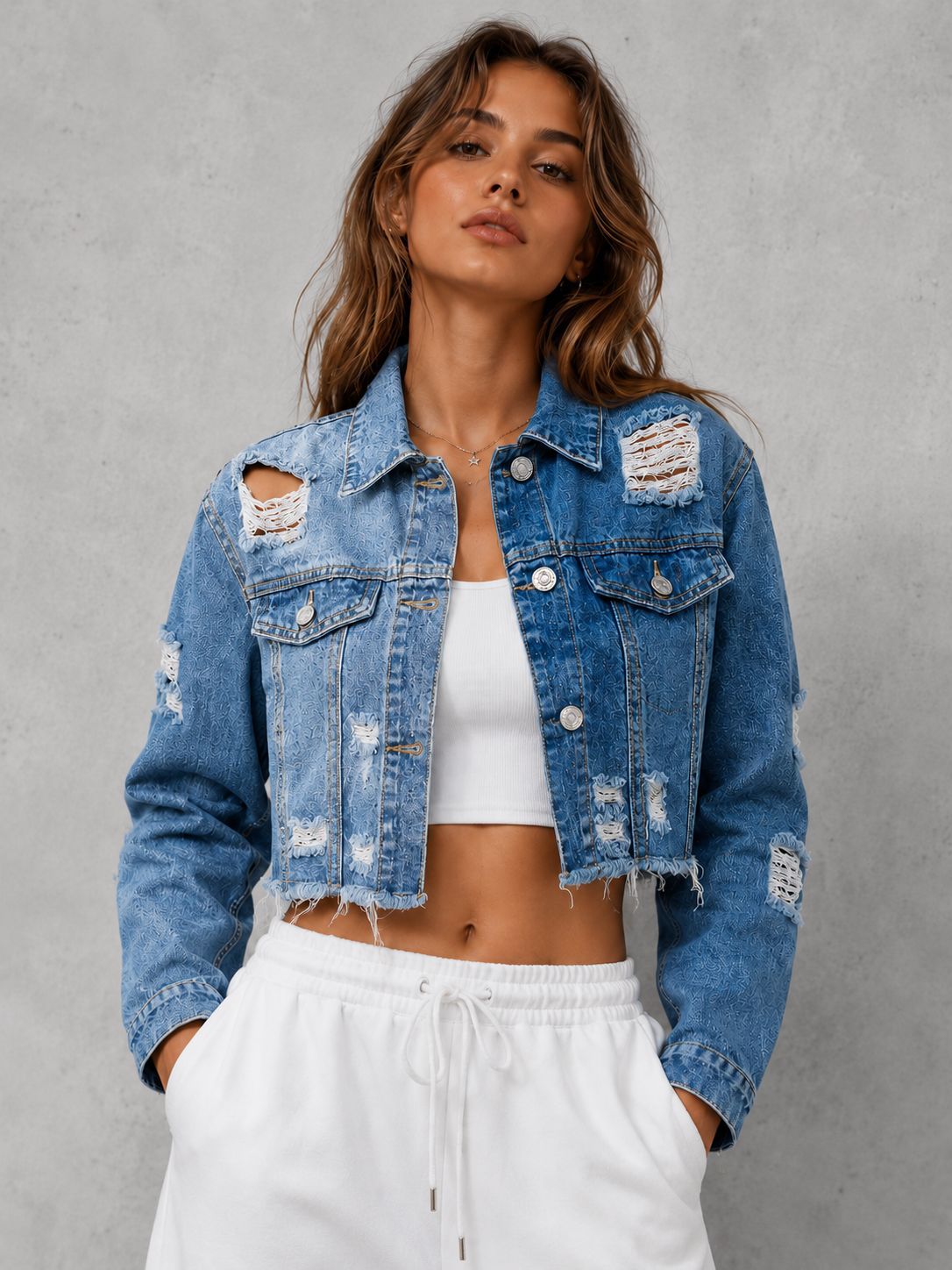 Gracelyn | Womens Distressed Cropped Denim Jacket