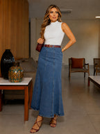 Greer | Womens High Waisted Long Denim Maxi Skirt - 4