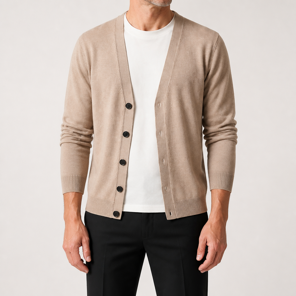 Greg | Mens V Neck Knit Long Sleeve Button Cardigan Sweater, Khaki