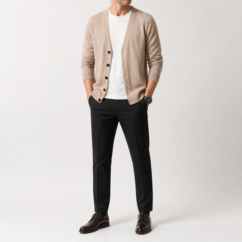 Greg | Mens V Neck Knit Long Sleeve Button Cardigan Sweater, Khaki