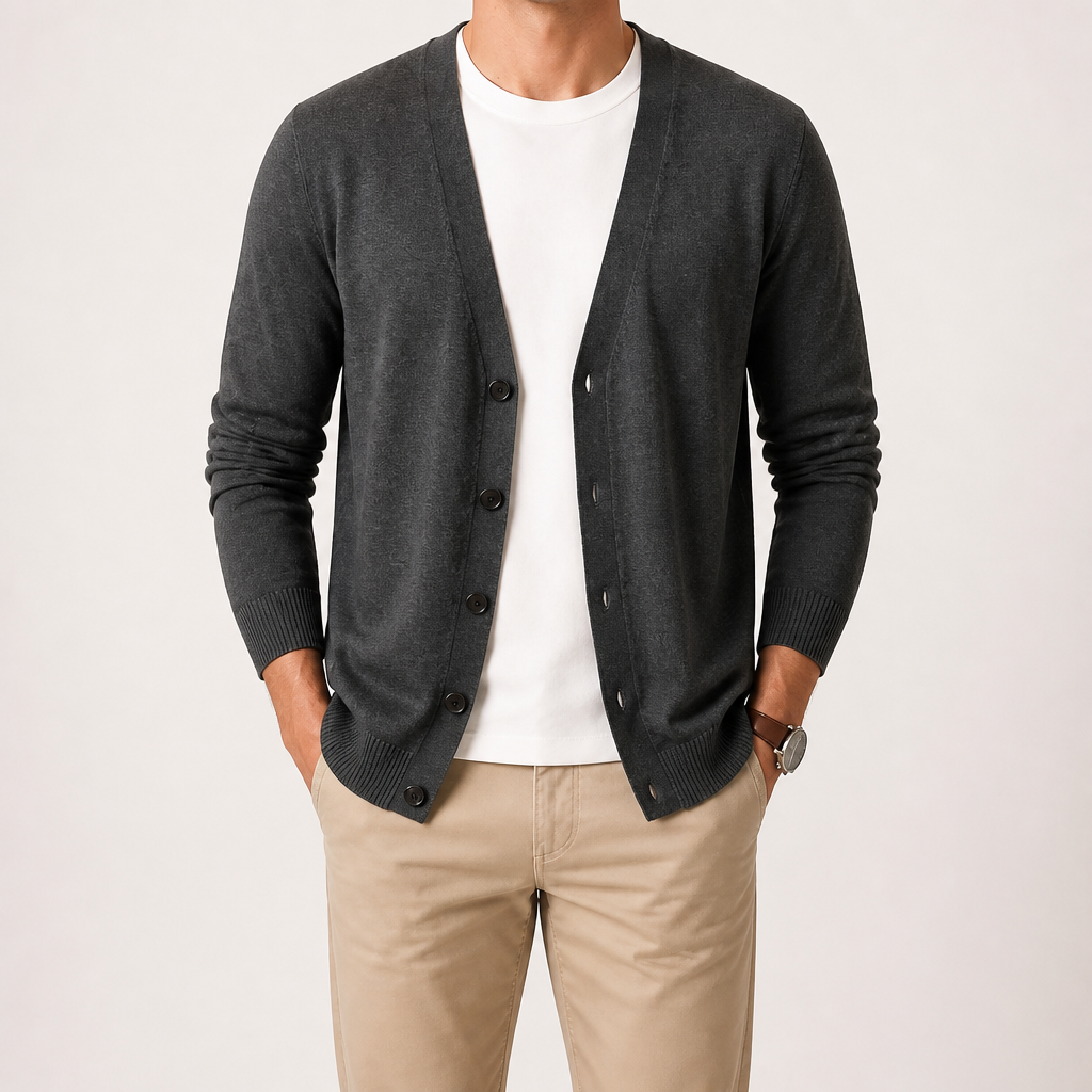 Greg | Mens V Neck Knit Long Sleeve Button Cardigan Sweater, Dark Grey