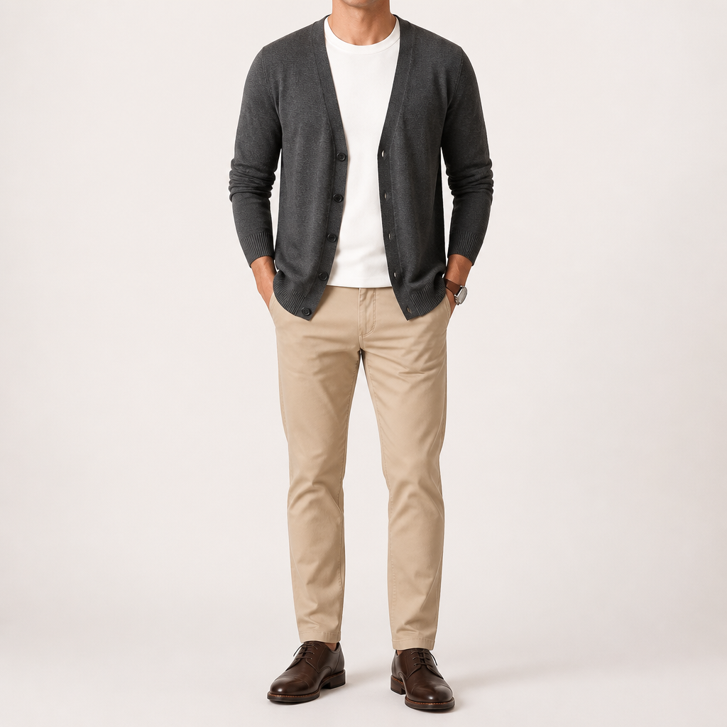 Greg | Mens V Neck Knit Long Sleeve Button Cardigan Sweater, Dark Grey
