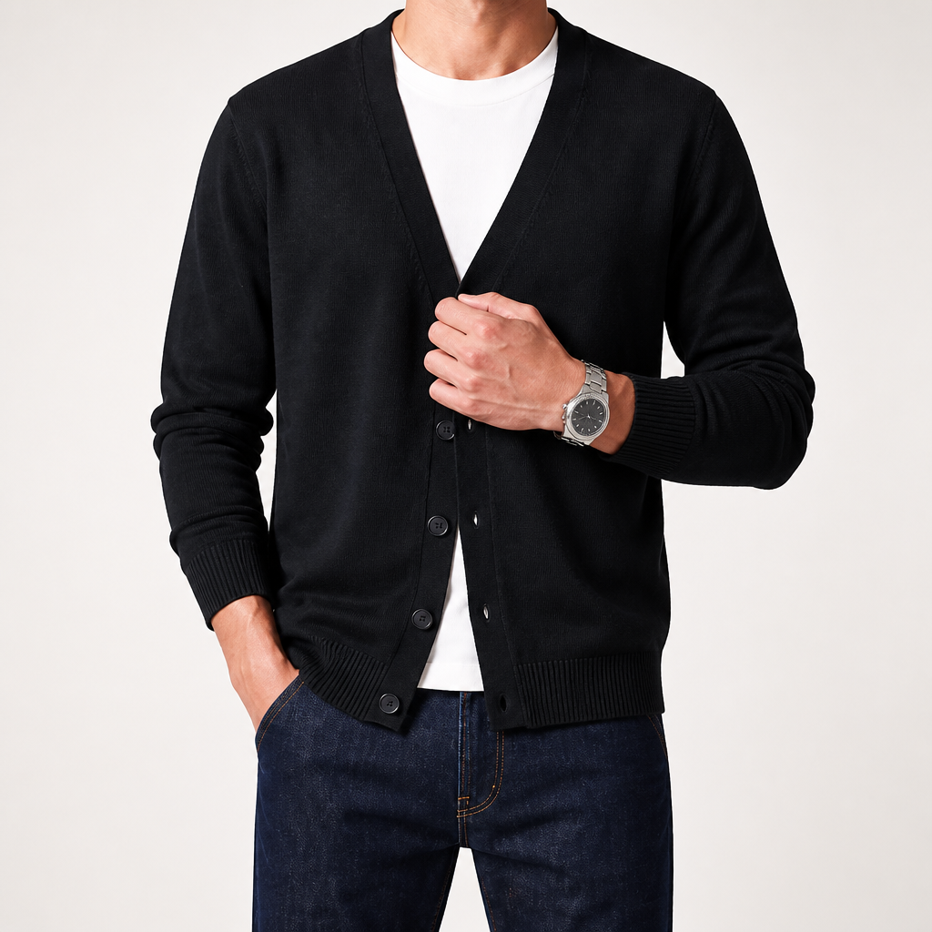 Greg | Mens V Neck Knit Long Sleeve Button Cardigan Sweater, Black