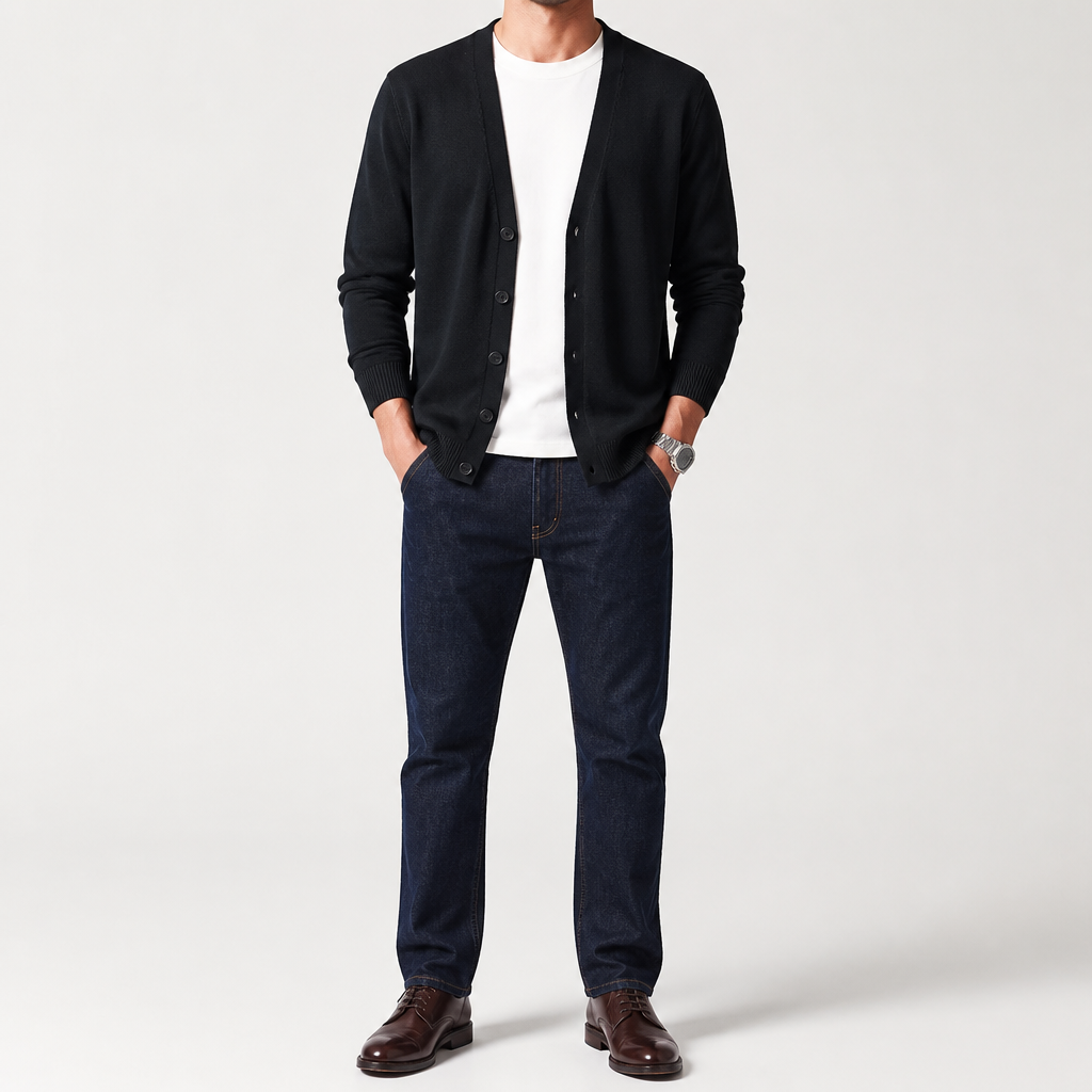Greg | Mens V Neck Knit Long Sleeve Button Cardigan Sweater, Black
