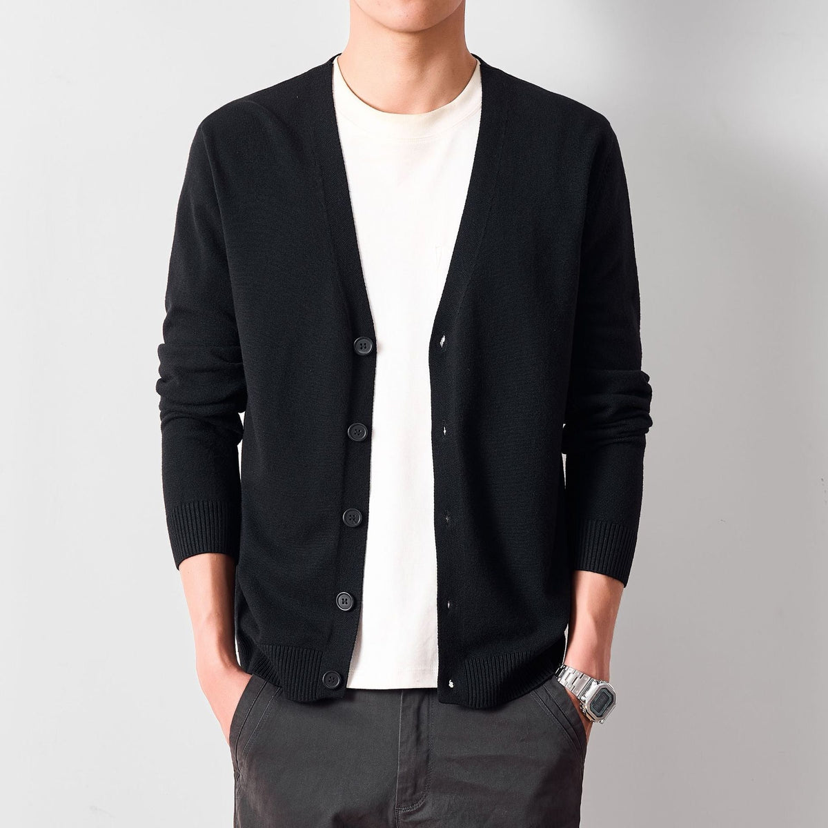 Greg | Mens V Neck Knit Long Sleeve Button Cardigan Sweater