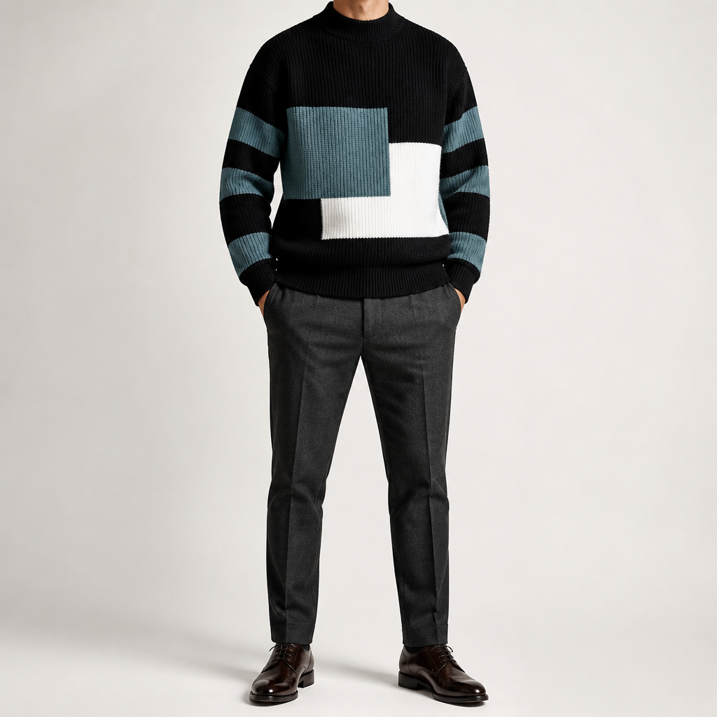 Gus | Mens Knit Sweater Contrast Color Loose Warm Winter Pullover, Pearl Black