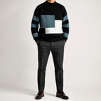 Gus | Mens Knit Sweater Contrast Color Loose Warm Winter Pullover, Pearl Black