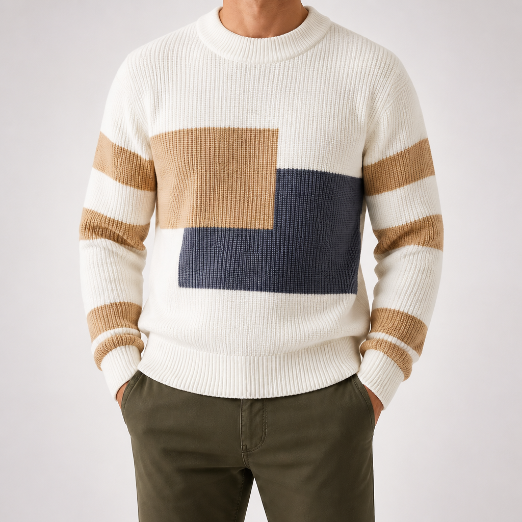 Gus | Mens Knit Sweater Contrast Color Loose Warm Winter Pullover, Pearl White