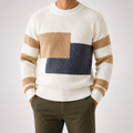 Gus | Mens Knit Sweater Contrast Color Loose Warm Winter Pullover, Pearl White
