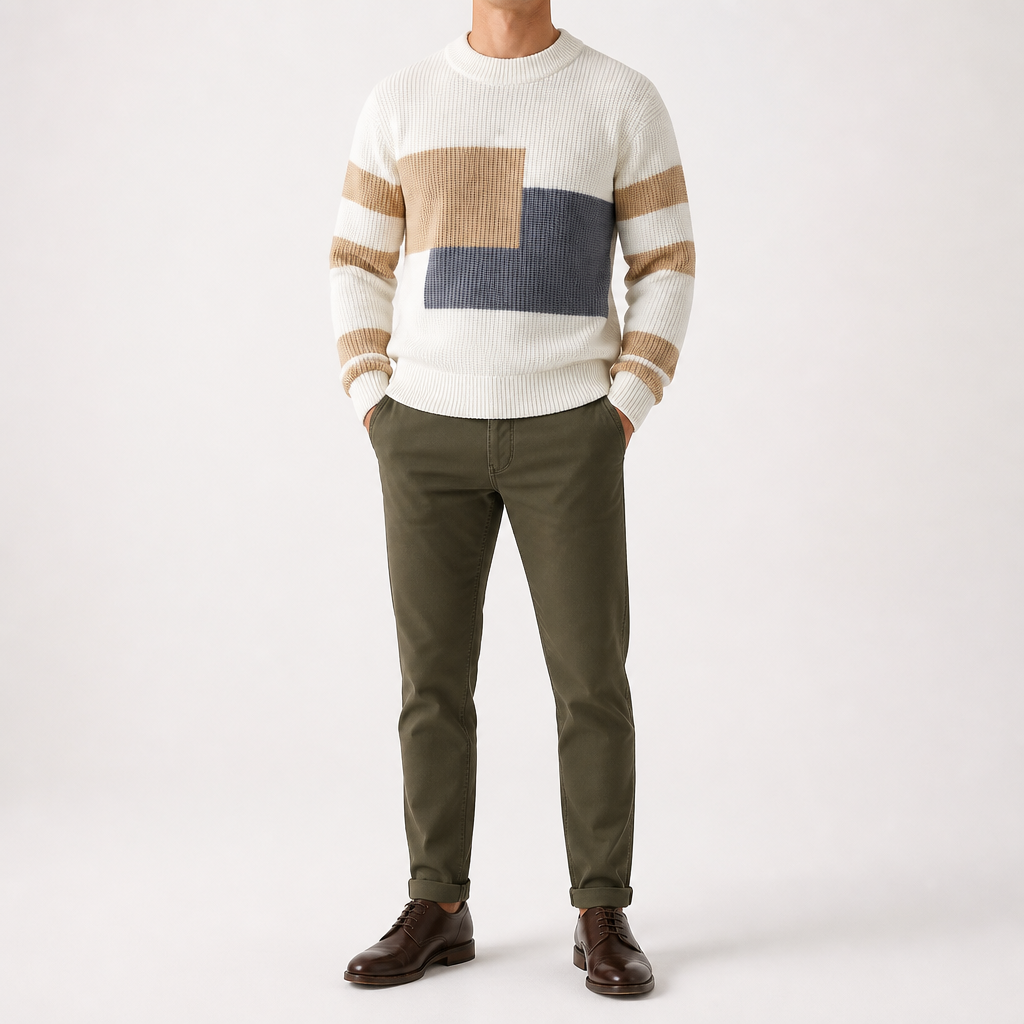 Gus | Mens Knit Sweater Contrast Color Loose Warm Winter Pullover, Pearl White