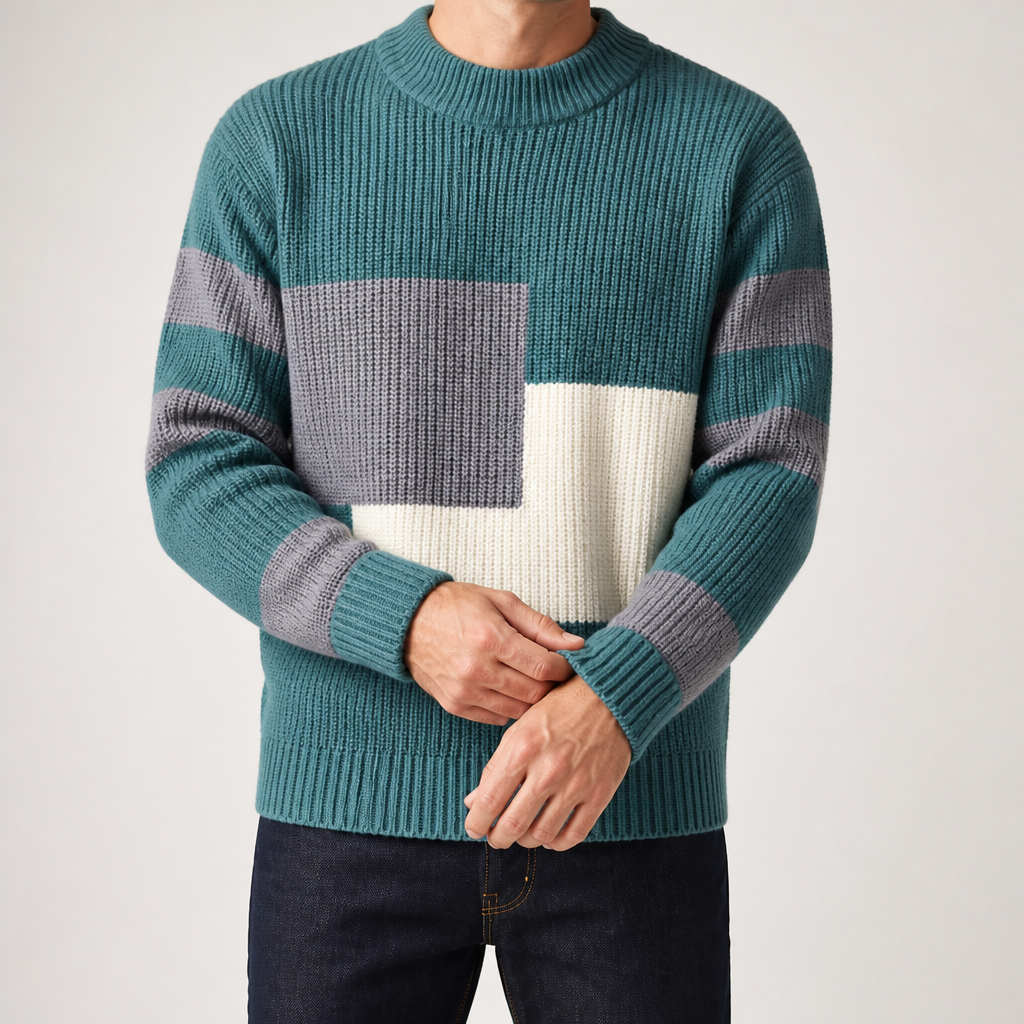 Gus | Mens Knit Sweater Contrast Color Loose Warm Winter Pullover, Pearl Green