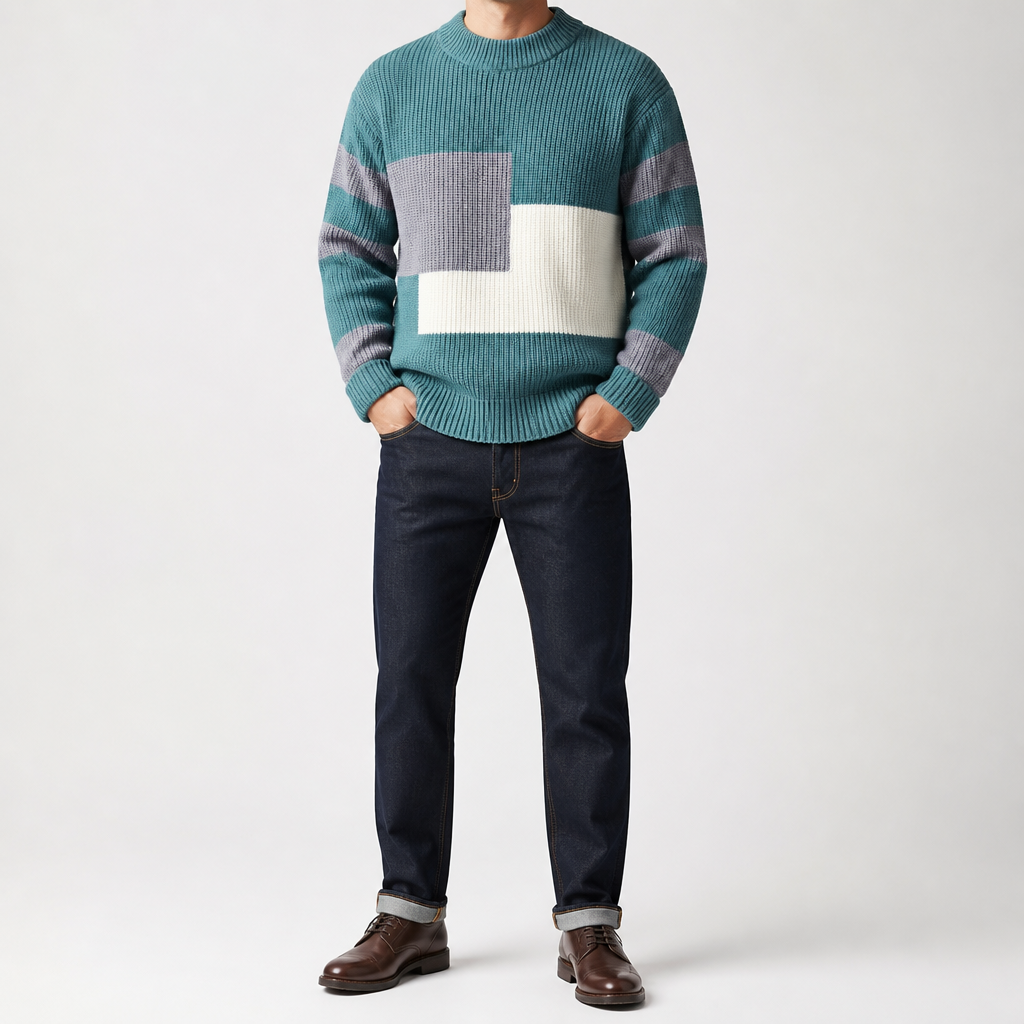 Gus | Mens Knit Sweater Contrast Color Loose Warm Winter Pullover, Pearl Green