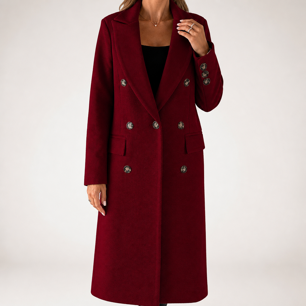 Hallie | Womens Double Breasted Tailored Lapel Long Fall Winter Coat, Wine Red