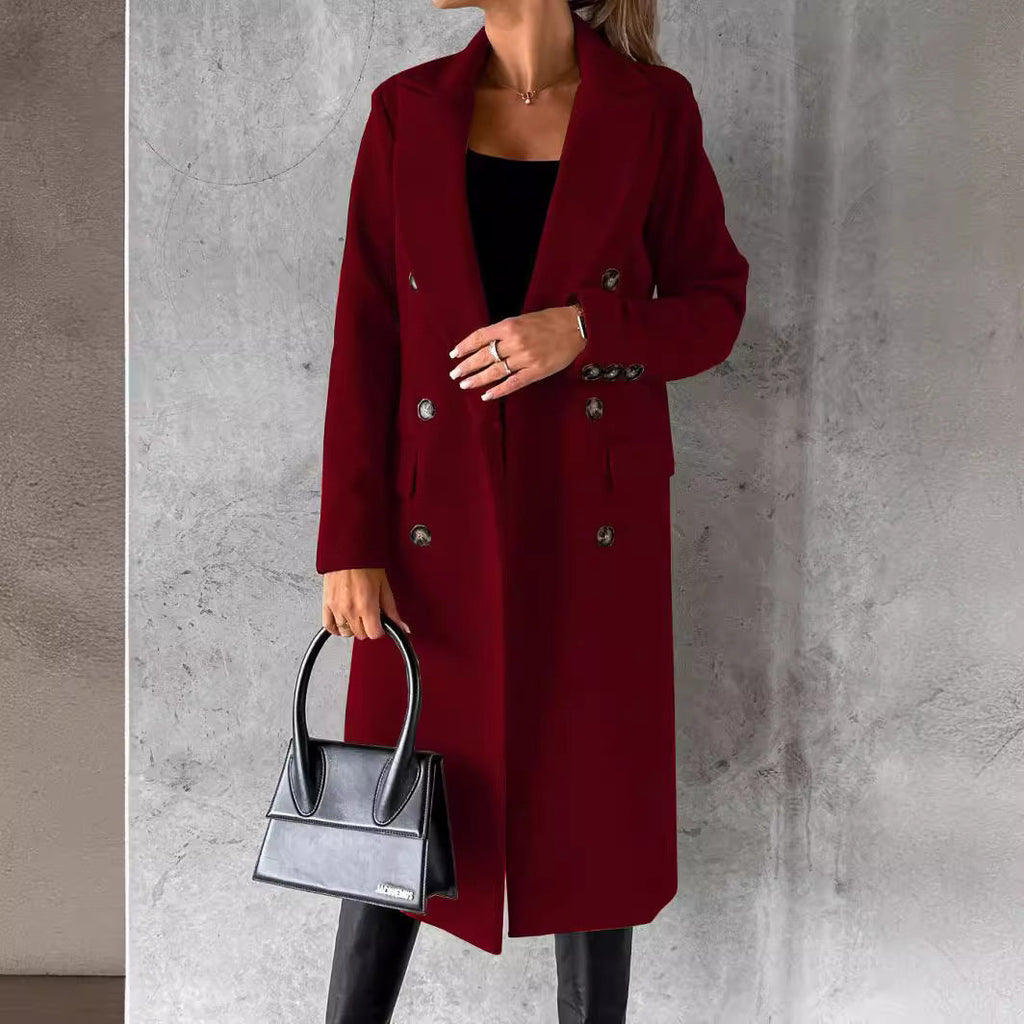 Hallie | Womens Double Breasted Tailored Lapel Long Fall Winter Coat, Wine Red