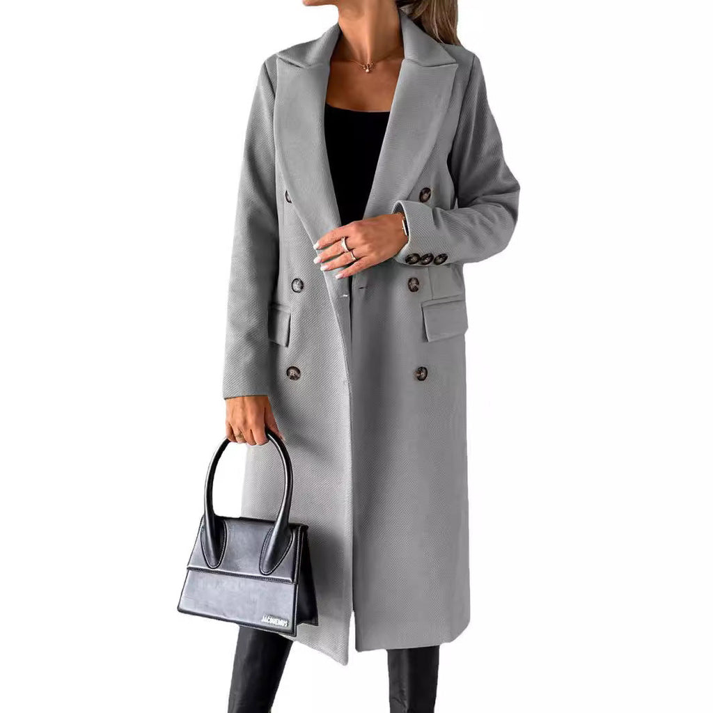 Hallie | Womens Double Breasted Tailored Lapel Long Fall Winter Coat, Light Grey