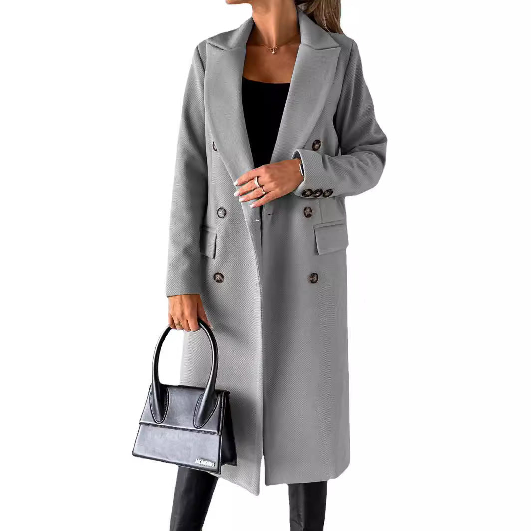 Hallie | Womens Double Breasted Tailored Lapel Long Fall Winter Coat, Light Grey