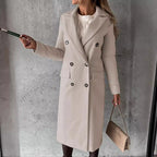 Hallie | Womens Double Breasted Tailored Lapel Long Fall Winter Coat, Beige