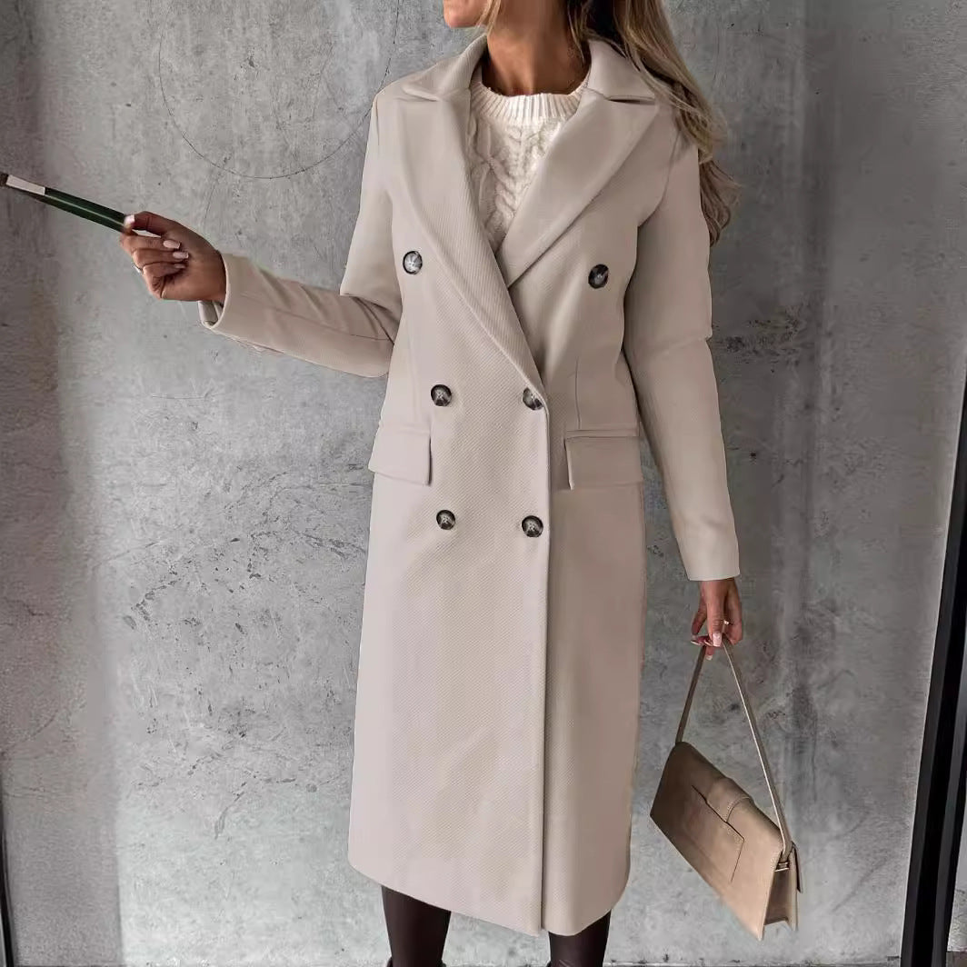 Hallie | Womens Double Breasted Tailored Lapel Long Fall Winter Coat, Beige