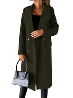 Hallie | Womens Double Breasted Tailored Lapel Long Fall Winter Coat, Military Green