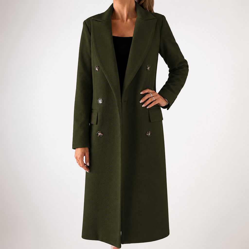 Hallie | Womens Double Breasted Tailored Lapel Long Fall Winter Coat, Military Green