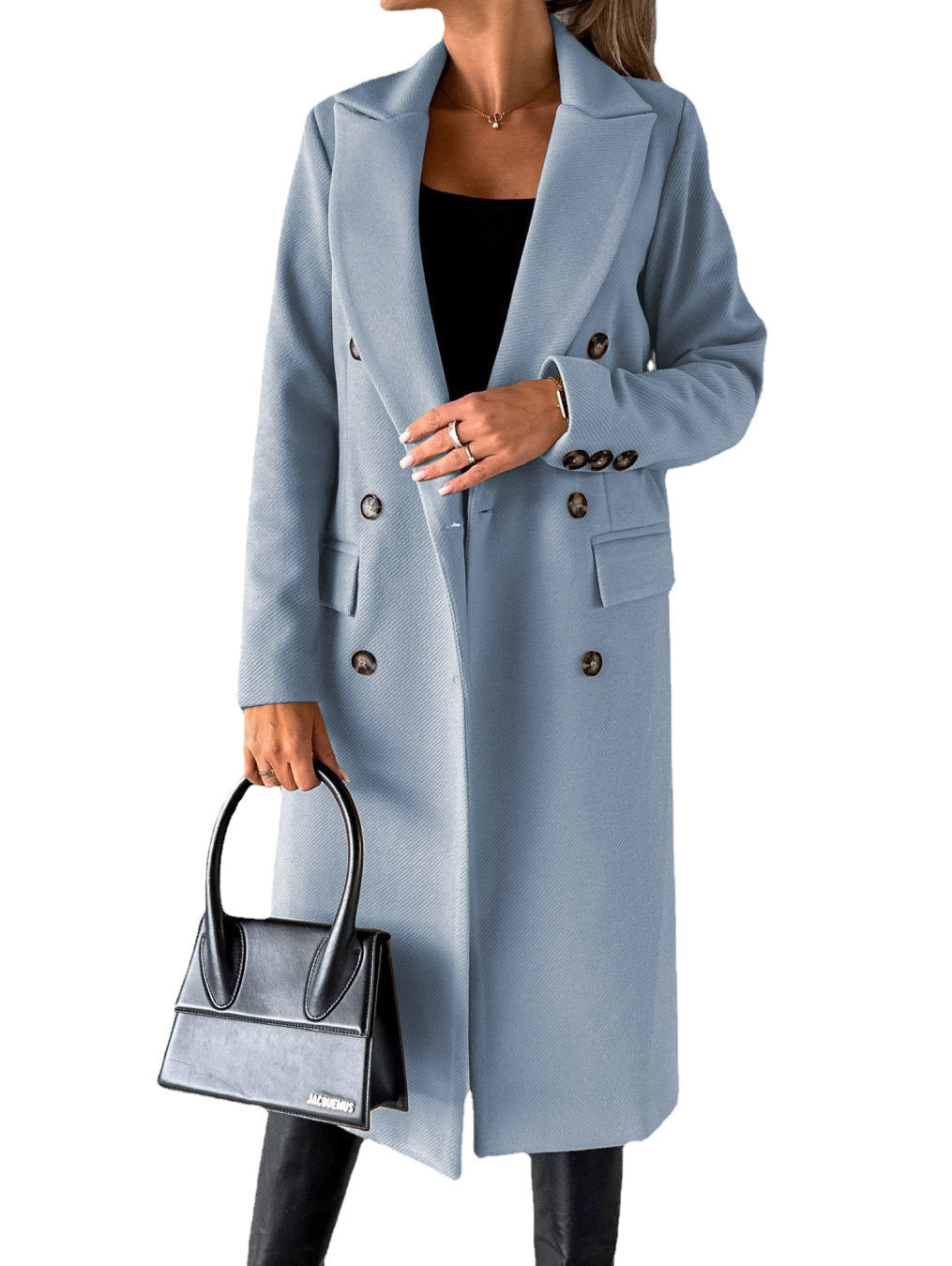 Hallie | Womens Double Breasted Tailored Lapel Long Fall Winter Coat, Sky Blue