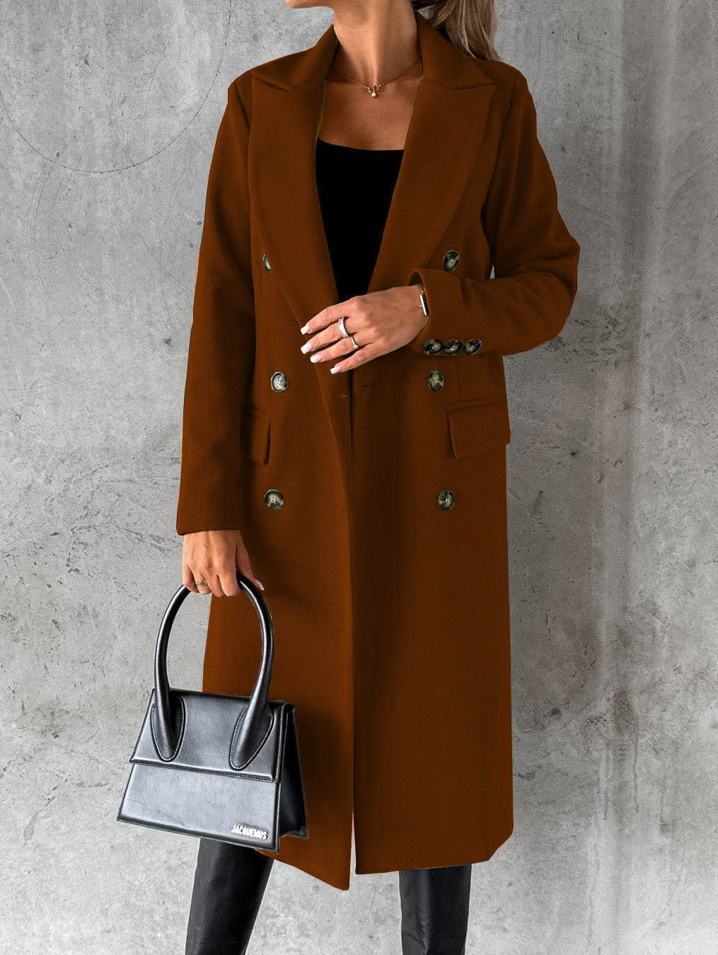 Hallie | Womens Double Breasted Tailored Lapel Long Fall Winter Coat, Dark Brown