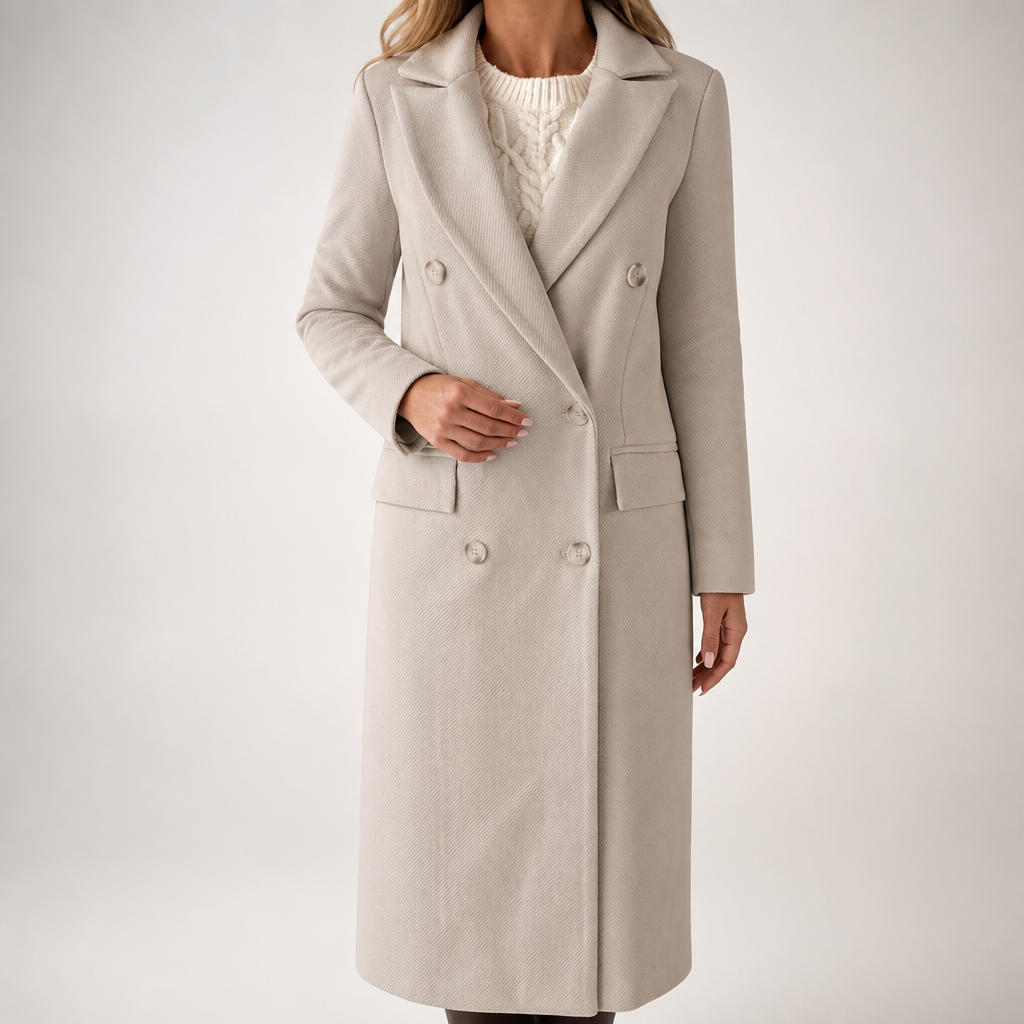 Hallie | Womens Double Breasted Tailored Lapel Long Fall Winter Coat, Beige