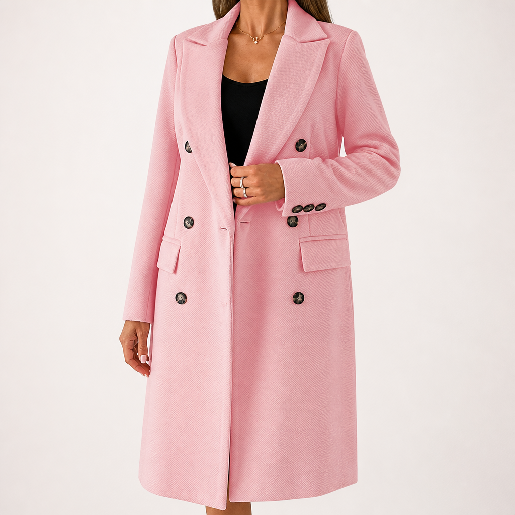 Hallie | Womens Double Breasted Tailored Lapel Long Fall Winter Coat, Pink