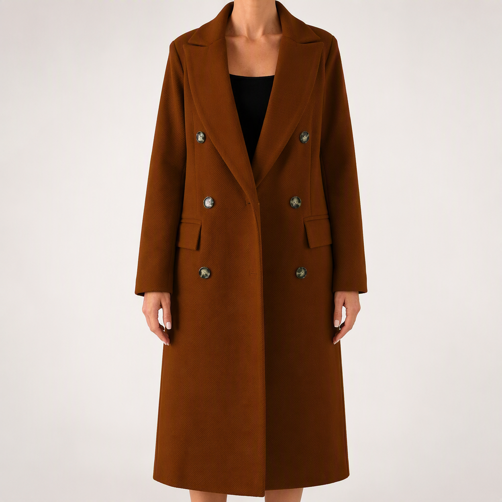 Hallie | Womens Double Breasted Tailored Lapel Long Fall Winter Coat, Dark Brown