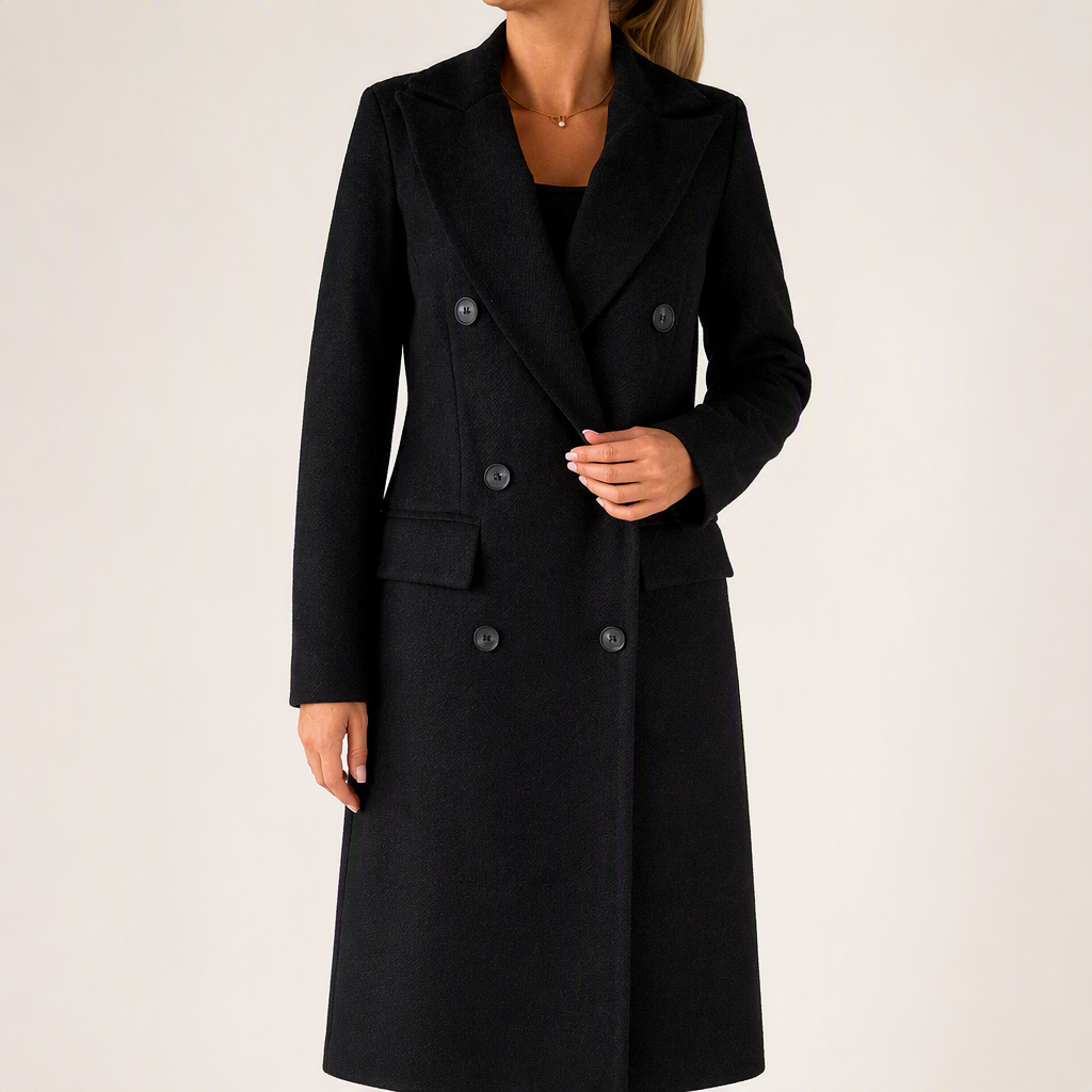 Hallie | Womens Double Breasted Tailored Lapel Long Fall Winter Coat, Black