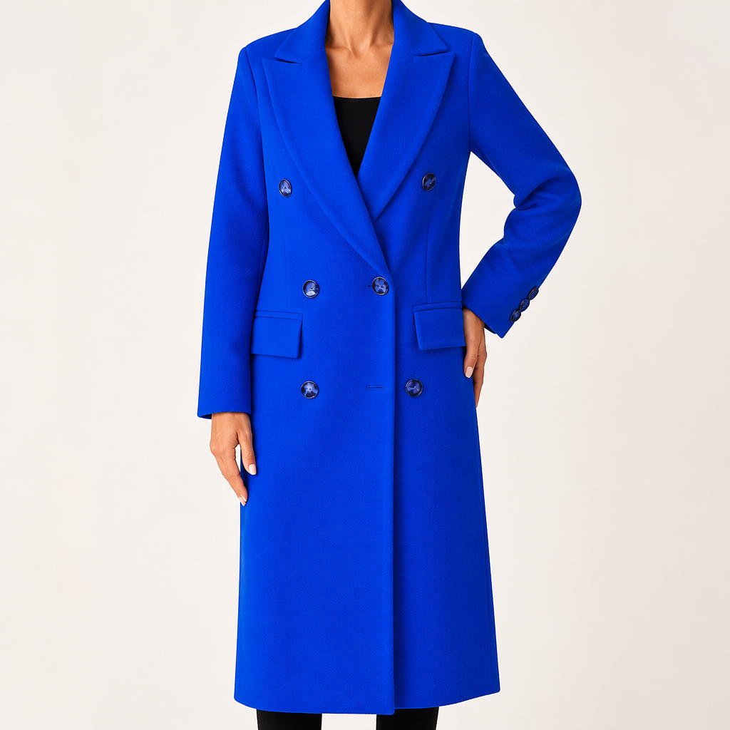 Hallie | Womens Double Breasted Tailored Lapel Long Fall Winter Coat, Dark Blue