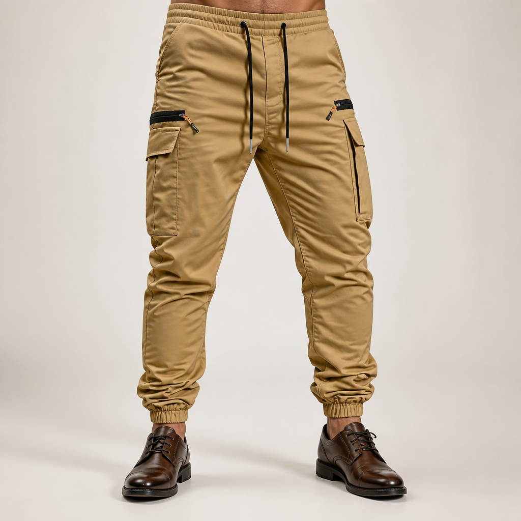 Hank | Mens Slim Fit Multi Pocket Crease Resistant Cargo Work Pants, Khaki