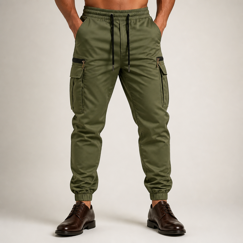 Hank | Mens Slim Fit Multi Pocket Crease Resistant Cargo Work Pants, Army Green