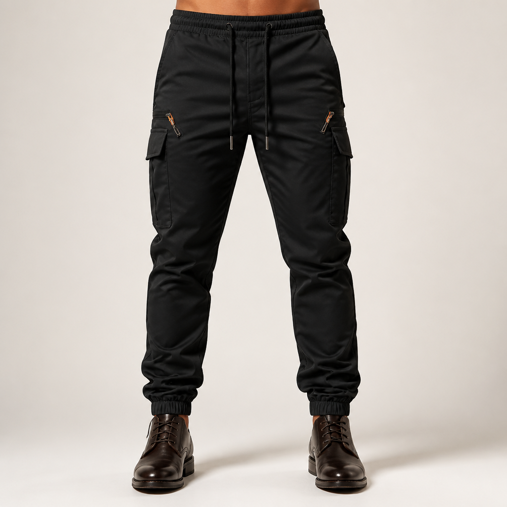 Hank | Mens Slim Fit Multi Pocket Crease Resistant Cargo Work Pants, Black