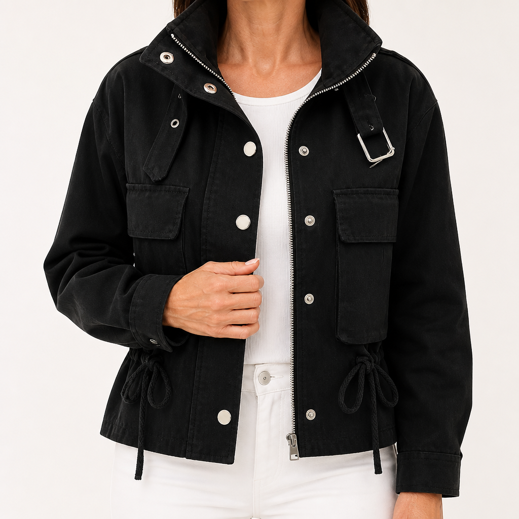 Harper | Womens Work Jacket Drawstring Short Casual Winter Coat, Black