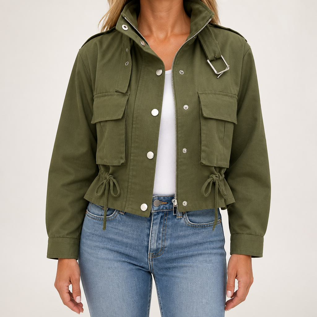 Harper | Womens Work Jacket Drawstring Short Casual Winter Coat, Army Green