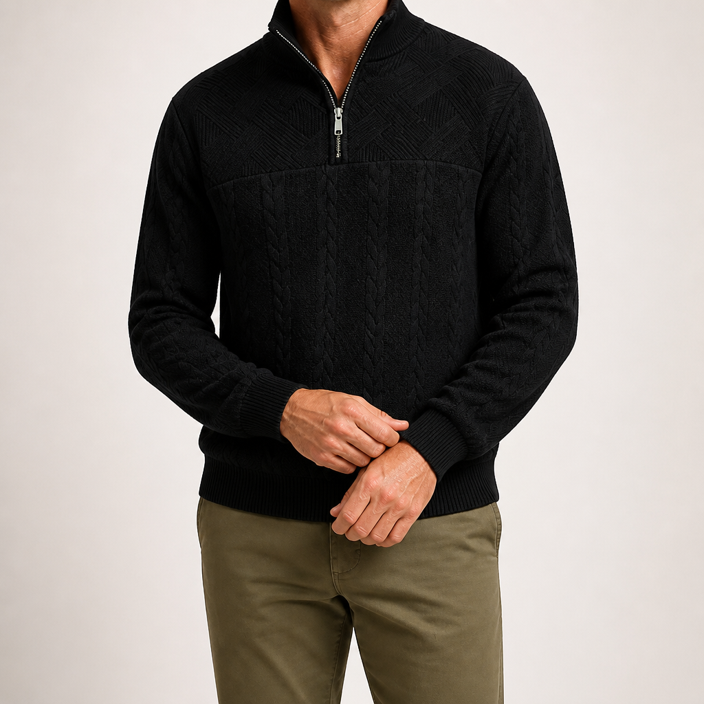 Harry | Mens Knit Pullover Shirt Retro Zip Casual Sweater, Black