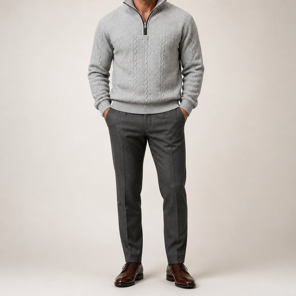 Harry | Mens Knit Pullover Shirt Retro Zip Casual Sweater, Light Grey