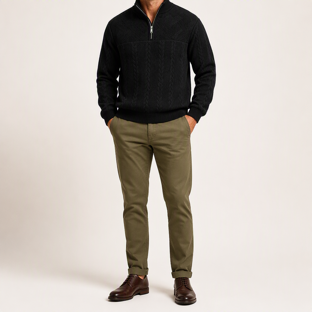 Harry | Mens Knit Pullover Shirt Retro Zip Casual Sweater, Black